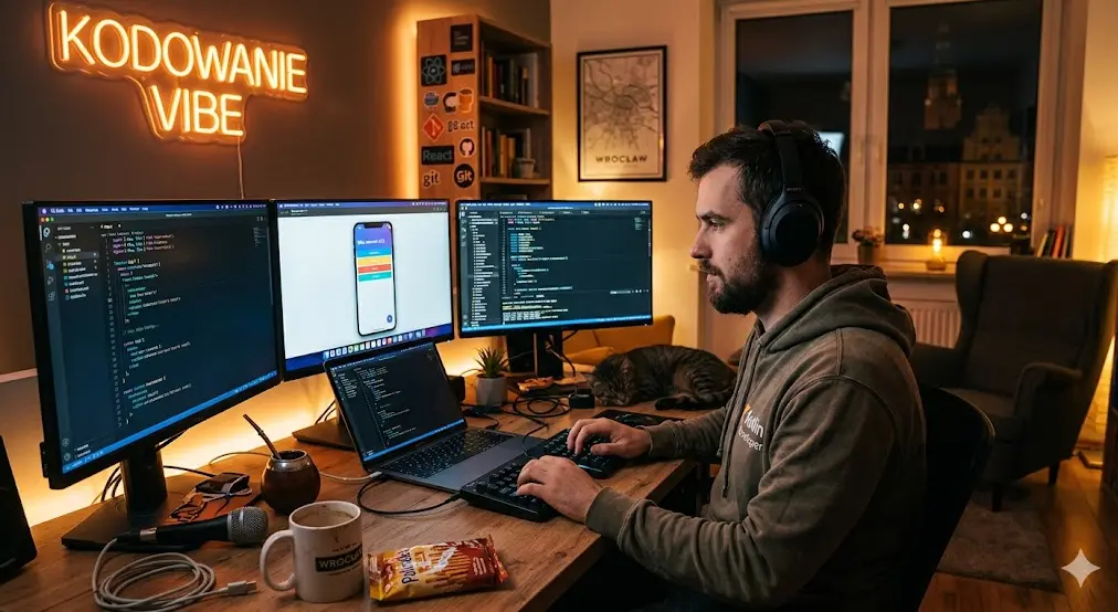Schemat programowania wizualnego ilustrujący vibe coding i tworzenie aplikacji no-code z wykorzystaniem sztucznej inteligencji