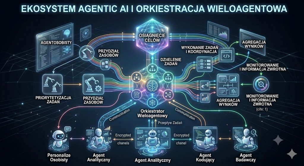 Wykres przedstawiający ekosystem Agentic AI i przepływ zadań w orkiestracji wieloagentowej